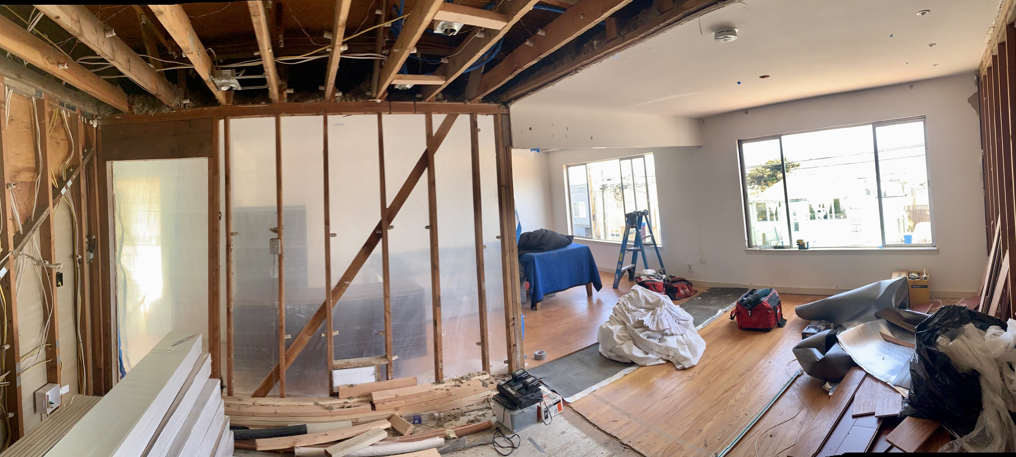 Panoramic photo of interior of home being renovated